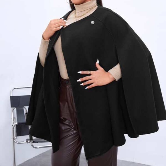 Cozy Black Button up Classic Cape Jacket Coat Work - Picture 16 of 16